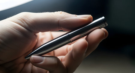A close-up, macro view of a hand holding a sleek, minimalist ballpoint pen made of polished metal. The clean design and dramatic lighting emphasize concepts of modern luxury, executive tools, writing, and signing important documents.の素材