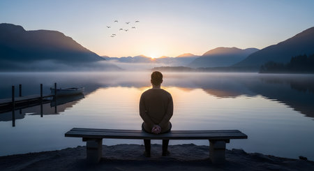 A man sits alone on a wooden bench, peacefully contemplating a serene sunrise over a calm lake surrounded by mountains and fog. The tranquil scene with a flock of birds flying by evokes a sense of peace, solitude, and mindfulness.の素材