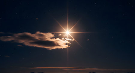 A brilliantly shining star, resembling the Star of Bethlehem, illuminates the dark night sky, surrounded by smaller stars and a wisp of cloud. This celestial image evokes themes of hope, guidance, faith, and the Christmas nativity story. It represents a divine or magical moment in the cosmos.の素材