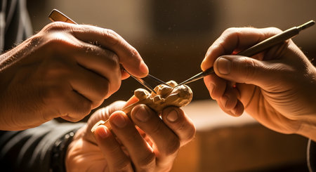 A close-up, warmly lit shot of two artisans' hands working together with precision tools to carve an intricate design into a small piece of wood. The image highlights the beauty of traditional craftsmanship, collaboration, and meticulous attention to detail.の素材