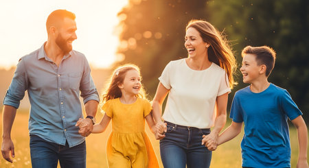 A joyful family of four, including a mother, father, son, and daughter, walks hand-in-hand through a sunlit field at golden hour. They are all laughing and looking at each other, creating a heartwarming scene of love, happiness, and togetherness.の素材
