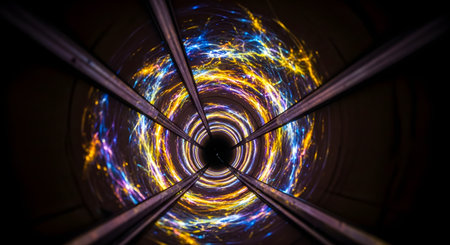 A view down a dark, futuristic tunnel illuminated by swirling, energetic rings of blue, yellow, and purple light. The perspective creates a sense of rapid movement through a wormhole, time portal, or particle accelerator. This abstract image symbolizes concepts like technology, speed, science fiction, and the journey into the unknown.の素材