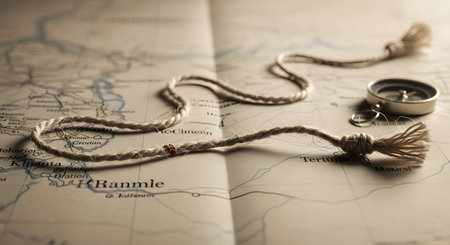An old, sepia-toned map is laid out with a simple rope and a classic brass compass resting on top, suggesting a planned journey or an unfolding adventure. The scene evokes themes of exploration, discovery, and navigation from a bygone era.の素材