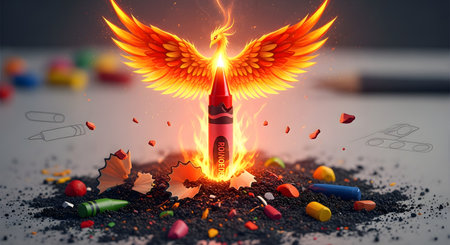 A powerful conceptual image of a red crayon as a mythical phoenix with flaming wings, rising from a pile of ash-like crayon shavings. This represents the birth of creativity from chaos, artistic passion, and the power of imagination.の素材