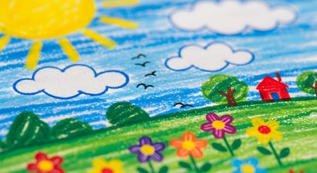 A vibrant and cheerful child's drawing made with crayons depicts a classic sunny landscape. The artwork features a bright yellow sun, fluffy clouds, a red house, green hills, colorful flowers, and birds flying in the blue sky.の素材