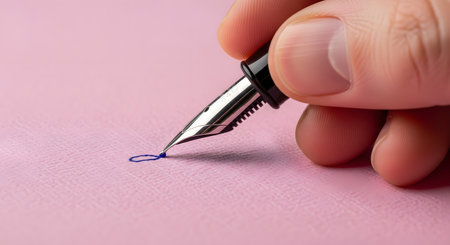 A macro photograph of a person's hand writing a small circle with a fountain pen on textured pink paper. The close-up perspective emphasizes the elegant nib and the flow of blue ink. This image conveys precision, calligraphy, personal correspondence, and the classic art of handwriting.の素材