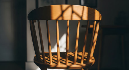 The back of a classic wooden spindle-back chair is illuminated by strong, dramatic light from a window, casting graphic shadows across its surface. The high-contrast scene in a dimly lit room evokes a sense of calm, quiet, and solitude.の素材