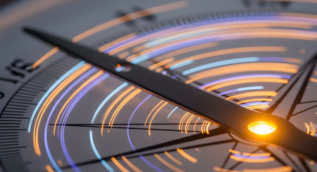 A conceptual close-up of a compass with dynamic blue and orange light trails swirling around the needle, suggesting movement and direction in a fast-paced, digital world. The image represents guidance, navigation, strategy, and modern business direction.の素材