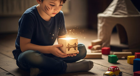 A young boy with face paint sits on a wooden floor, intently focused on a wooden block that is glowing with magical light. Surrounded by other toys, including a small car and a play tent, the scene evokes a sense of childhood wonder, imagination, and the magic of playtime.の素材