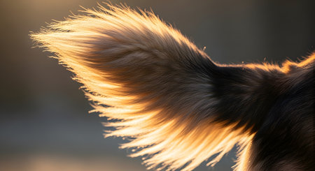 A beautiful close-up of a dog's fluffy tail, illuminated from behind by the warm, golden light of a setting or rising sun. The backlighting makes the individual hairs glow, creating a soft and gentle image that captures the beauty of a beloved pet.の素材