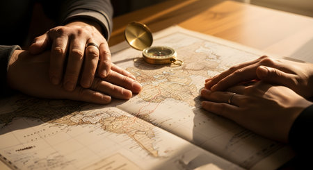 The hands of a couple rest on an open vintage map, planning a future journey together in the warm sunlight. A brass compass sits on the map, symbolizing guidance and direction in their shared adventure. This image represents partnership, teamwork, travel planning, and mapping out a life together.の素材