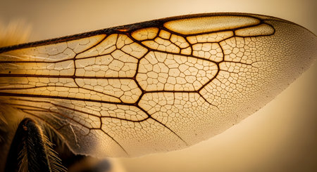 An extreme macro photograph captures the intricate and detailed pattern of veins on a translucent honey bee wing. The warm, golden backlighting beautifully highlights the delicate, geometric cell structures. This image is a stunning look at the beauty and complexity of nature at a microscopic level.の素材