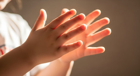 A soft-focus close-up of a child's hands held up and illuminated by a warm backlight. The gentle light shines through the fingers, creating a glowing effect that evokes innocence, tenderness, and warmth.の素材