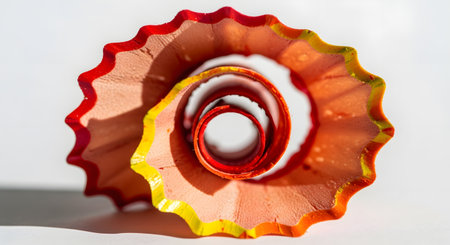 A vibrant macro photograph captures the delicate spiral of a single pencil shaving from a red and yellow colored pencil. Set against a clean white background, the image highlights the texture of the wood and the sharp, wavy edge. This abstract image represents creativity, art, school, and the process of drawing.の素材