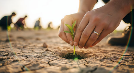 Close-up of a person's hands carefully planting a small green sprout into dry, cracked earth, symbolizing hope and new beginnings. The warm glow of the sun suggests sunrise or sunset, while other volunteers work in the background. The image represents concepts of environmental conservation, growth, reforestation, and building a sustainable future.の素材