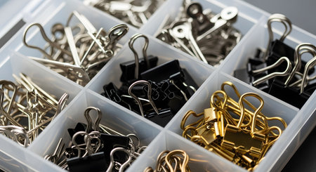 A close-up view of a clear plastic organizer box with multiple compartments filled with various binder clips. The compartments neatly separate different types and colors of clips, including silver, black, and gold. This image represents organization, office supplies, tidiness, and preparation.の素材