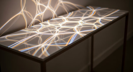 Abstract patterns of curved, glowing light are projected onto the surface of a minimalist console table and the adjacent wall. The interplay of light and shadow creates a dynamic and artistic effect, suggesting concepts of technology, data flow, or modern art installation. The mood is sophisticated and intriguing.の素材