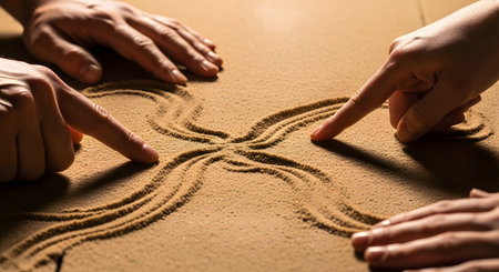 Three different hands are seen drawing lines in fine, smooth sand that converge at a central point. This powerful conceptual image represents teamwork, collaboration, connection, strategy, and the joining of different paths or ideas to achieve a common goal.の素材