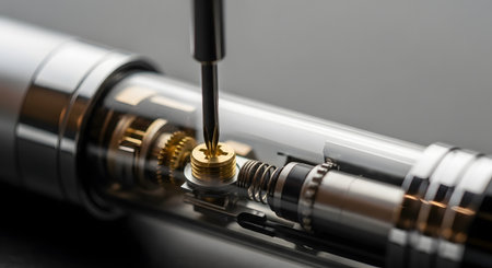 A macro photograph illustrating precision engineering, showing a screwdriver making a fine adjustment to a brass screw within a complex mechanical assembly. The intricate inner workings, including gears and springs, are visible through a transparent casing. The image represents technology, repair, innovation, and meticulous craftsmanship.の素材