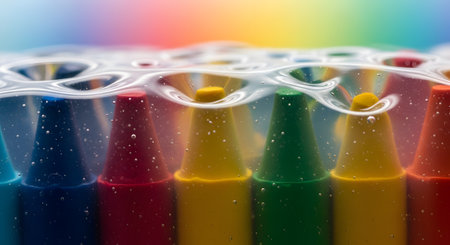 A vibrant macro shot of colorful crayon tips arranged in a row and submerged under a clear, rippling liquid, possibly water or gel. Air bubbles cling to the crayons, and the distorted surface creates a playful, abstract effect. The image represents childhood, creativity, art, and vibrant colors.の素材