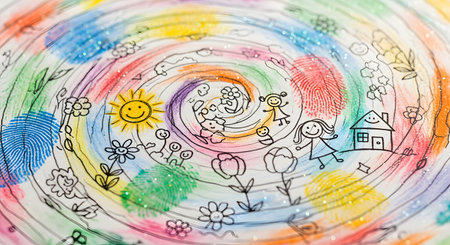 A cheerful and colorful child's drawing created in a spiral pattern with fingerprints and simple doodles. The artwork features a happy sun, a family, a house, and flowers, decorated with glitter. The use of rainbow-colored thumbprints represents creativity, individuality, family, and the simple joys of childhood.の素材