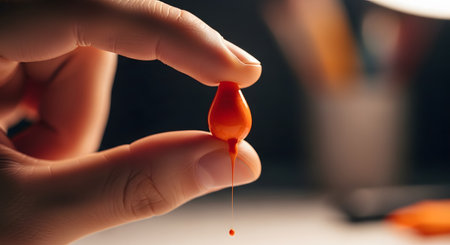 A macro close-up captures a person's fingers holding a small, glossy, teardrop-shaped object. A single, perfect drop of viscous red-orange liquid hangs from its tip, about to fall. The image highlights concepts of precision, creation, and the fundamental nature of color and form.の素材