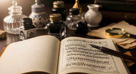 An atmospheric still life of a vintage writer's desk, featuring an open book filled with elaborate gothic calligraphy. A dip pen rests on the page, surrounded by various antique inkwells, old papers, and a magnifying glass. The warm lighting creates a scholarly and historical mood, perfect for themes of literature, history, and classic arts.の素材