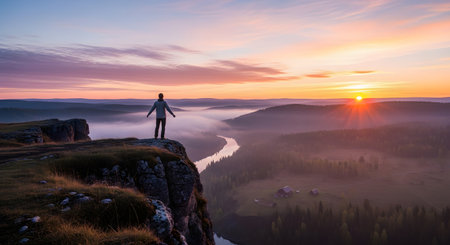A lone hiker stands on the edge of a cliff with arms outstretched, embracing a breathtaking sunrise over a misty river valley. This inspiring and epic scene conveys feelings of freedom, success, achievement, and a deep connection with nature.の素材