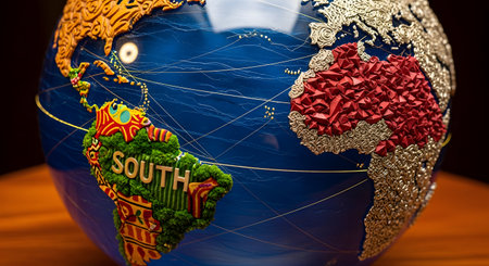 A close-up of a unique, artistic world globe where continents are crafted with intricate textures. South America is decorated with green flocking and colorful patterns, while Africa has a raised, geometric red texture, representing global diversity and artistry.の素材