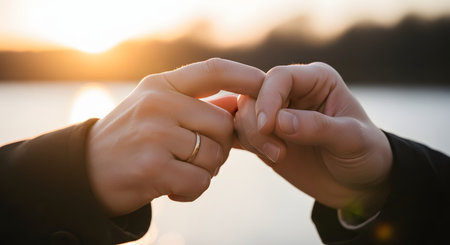 A close-up of a couple's hands linking little fingers in a pinky promise gesture against the warm, golden light of a setting sun. The image symbolizes trust, commitment, love, friendship, and a sacred vow between two people.の素材
