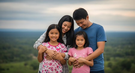 A heartwarming portrait of a happy Asian family of four, with the parents lovingly embracing their two young daughters while standing outdoors against a scenic, natural backdrop. The image radiates warmth, love, togetherness, and strong family bonds.の素材