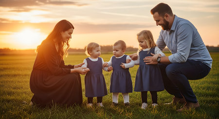 A heartwarming portrait of a happy young family with three daughters in a grassy field during a beautiful sunset. The loving parents are kneeling and interacting with their children, creating a warm and tender moment that captures the joy of family life and togetherness.の素材