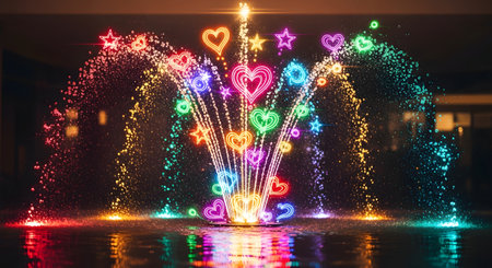 A magical fountain erupts with streams of water and a dazzling display of colorful, glowing neon lights in the shape of hearts and stars. The vibrant, celebratory image reflects joy, love, magic, and festive occasions.の素材