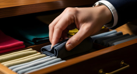A well-dressed man's hand with a watch is shown carefully arranging neatly folded pocket squares into a sectioned wooden drawer. This image conveys a sense of organization, meticulous style, menswear fashion, and attention to detail.の素材