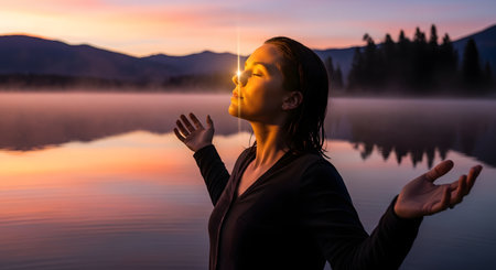 A serene woman stands with her eyes closed and arms outstretched, embracing the first rays of a beautiful sunrise over a calm, misty lake. The image conveys a powerful sense of peace, gratitude, spiritual awakening, and connection with nature.の素材