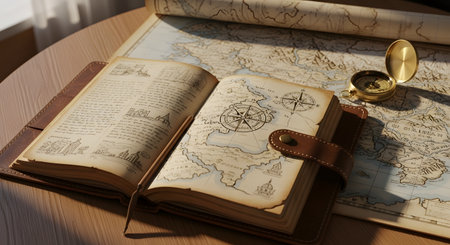 An old leather-bound journal lies open revealing hand-drawn maps and notes for an adventure with a brass compass resting beside it. A larger map is spread out underneath, setting the scene for exploration, discovery and epic journeys.の素材