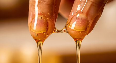 A sensual macro shot captures two fingers touching, completely coated in thick, golden honey that drips down slowly. The image highlights the sticky, sweet texture of honey and can represent concepts of connection, indulgence, or natural sweetness.の素材