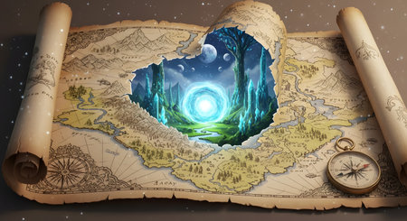 A vintage-style fantasy map is unrolled on a table, but its center is torn open to reveal a glowing magical portal to another world with floating moons and crystals. A brass compass rests beside the map, symbolizing adventure, discovery, and a journey into the unknown.の素材