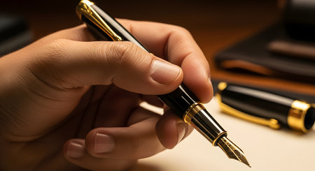 A close-up of a man's hand holding a classic black and gold fountain pen, poised as if about to write or sign a document. The elegant instrument and warm lighting suggest professionalism, luxury, the importance of the written word, and classic business etiquette.の素材