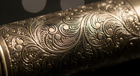 An exquisite macro shot of an ornate, engraved pattern on a cylindrical metal object, possibly brass or bronze. The intricate filigree and scrollwork showcase exceptional craftsmanship and detailed artistry. The image evokes a sense of vintage luxury, elegance, and decorative detail, with soft bokeh in the background.の素材