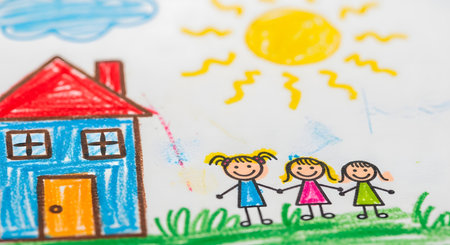 A colorful and cheerful crayon drawing by a child on white paper, depicting a happy family of three girls holding hands in front of their house under a smiling sun. The artwork represents childhood, family, home, happiness, and innocence.の素材