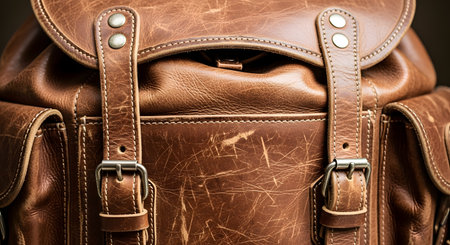 A detailed close-up of a vintage-style brown leather backpack, showcasing its rich texture, sturdy stitching, and metal buckles. The worn and scratched surface of the leather suggests durability and a history of adventures. This image is perfect for themes of travel, craftsmanship, fashion, and rustic accessories.の素材