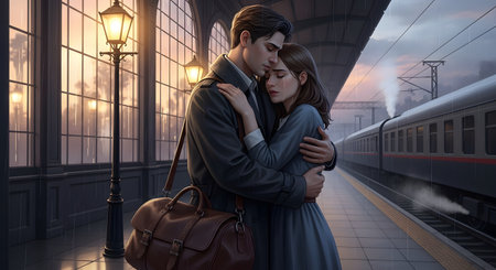 An emotional, anime-style illustration of a couple sharing a sad embrace on a rainy train station platform. The man holds the crying woman as a train waits in the background, depicting a romantic and heartfelt moment of farewell or departure.の素材