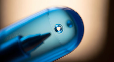 An extreme macro shot focusing on the small safety hole on the end of a transparent blue ballpoint pen cap. The tip of the pen is visible but out of focus in the background, creating a sense of depth. This detailed image highlights a common design feature of office supplies and can be used for abstract or technical concepts.の素材