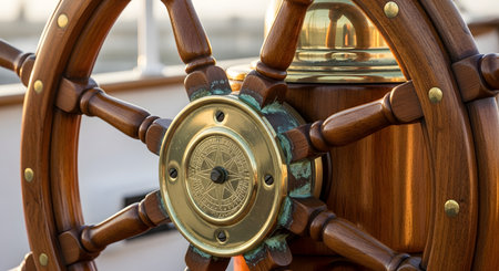 A close-up photograph of a classic wooden ship's helm, showcasing the rich grain of the polished wood and the weathered brass centerpiece with a compass rose. The image symbolizes navigation, leadership, direction, and maritime adventure.の素材