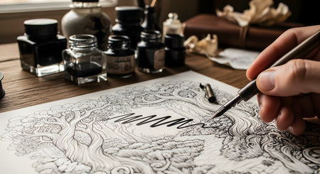 An artist's hand uses a dip pen to create an incredibly detailed ink drawing of a whimsical, enchanted forest. The desk is scattered with ink bottles and crumpled paper, capturing the immersive and creative process of illustration and storytelling.の素材