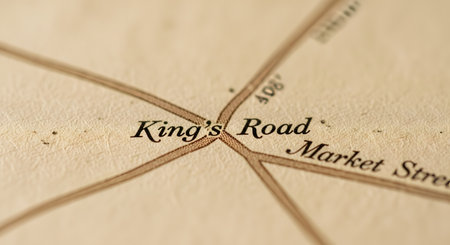 A close-up, macro shot of an old, sepia-toned map focusing on the intersection of 'King's Road' and 'Market Street.' The texture of the aged paper and the classic typography are visible, evoking a sense of history, navigation, and discovery. The image is perfect for themes of travel, direction, or local history.の素材