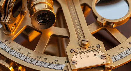A detailed macro photograph of a vintage brass sextant, focusing on its intricate gears, lenses, and measurement scale. The image evokes themes of maritime history, celestial navigation, exploration, and precision engineering.の素材