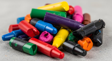 A close-up shot of a messy pile of colorful wax crayons, many of which are broken, worn down, and well-used. The image evokes a sense of childhood creativity, artistic expression, play, and the imperfect beauty of the artistic process.の素材