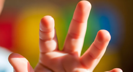 A soft-focus close-up captures a small child's hand reaching forward with curiosity. The background is a warm, vibrant blur of rainbow colors, creating a gentle and innocent atmosphere. The image symbolizes childhood, exploration, touch, innocence, and the desire to connect.の素材